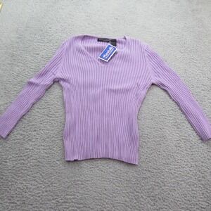 Express‎ Womens Lavender Purple Ribbed Knit V-Neck Long Sleeve Top Large